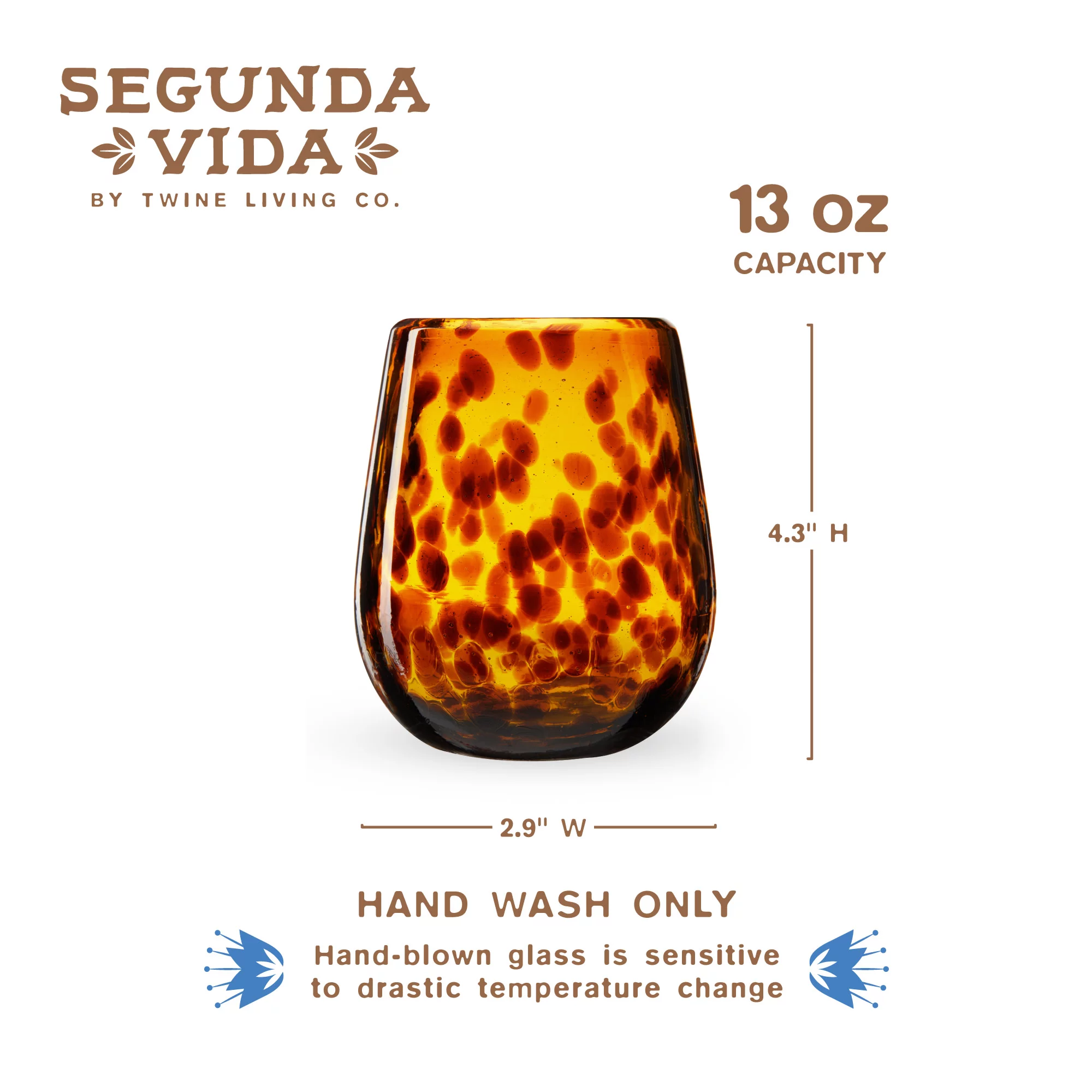 Segunda Vida Tortuga Tortoise Shell colored Stemless Wine Glasses Set - Hand Blown Colorful Wine Glasses - Amber 100% Recycled Glassware Made in Mexico, 13oz, Set of 2