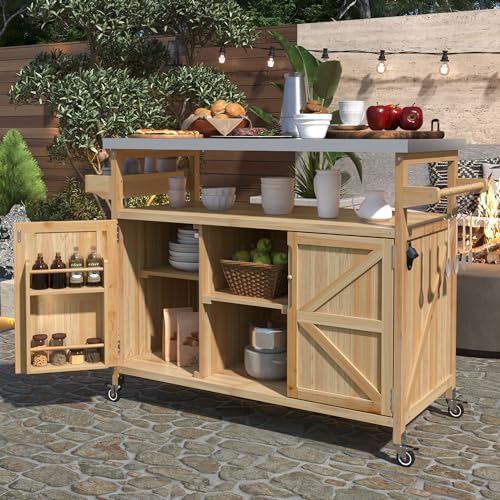 53.5''Farmhouse Kitchen Island with Power Outlet,Storage Cart W/Drop Leaf/Spice Rack/Drawer,Rolling KitchenCart on Wheels,for Home,Dining Room,White