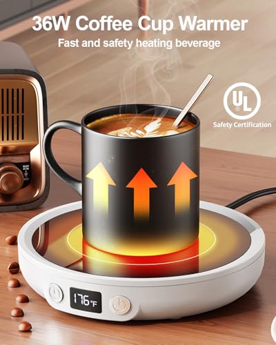 SWEETFULL Mug Warmer - Upgraded 36W Coffee Cup Warmer for Desk with 130℉-176℉ Digital Display, 2-12H Timer Auto Shut Off, Smart Electric Coffee Heating Plate, Ideal Gifts for Women Men - Black