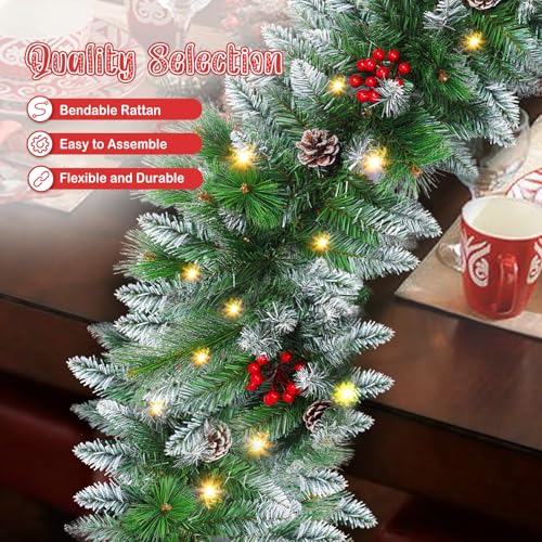 Christmas Garland with Lights - 9FT Flocked Pre-Lit Garland with 30 LED Lights, Red Berries, Pine Cones, Artificial Pine Battery Operated Garland for Fireplace, Stair, Indoor Outdoor Decor