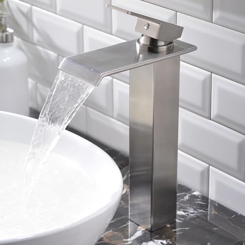 Vessel Sink Faucet, Black, Single Handle Tall Bathroom Faucets for Sink 1 Hole, Stainless Steel Waterfall Sink Faucet for Wash Basin with Drain