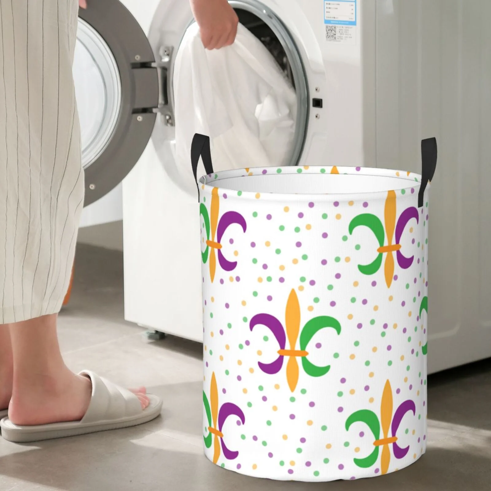 Fotbe Laundry Hamper With Durable Leather Laundry Basket Mardi Gras Carnival1 Thickened Waterproof Round Collapsible Laundry Hamper, Dirty Clothes Laundry Basket