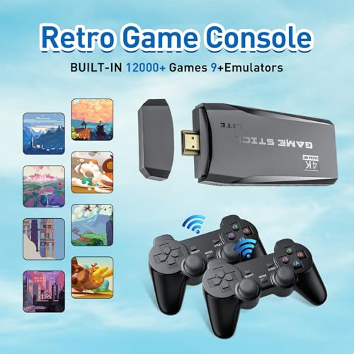 Retro Game Console S2 – Plug & Play, 12,000+ Classic Games, Includes 2 Wireless Controllers | 4K HDMI TV Gaming System | 9 Emulators | Portable Retro Game Stick (64GB)