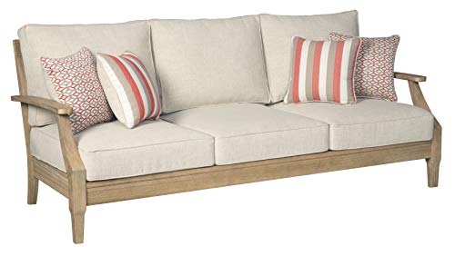Signature Design by Ashley Carter Hall Outdoor Eucalyptus Patio Sofa with Cushion, Beige