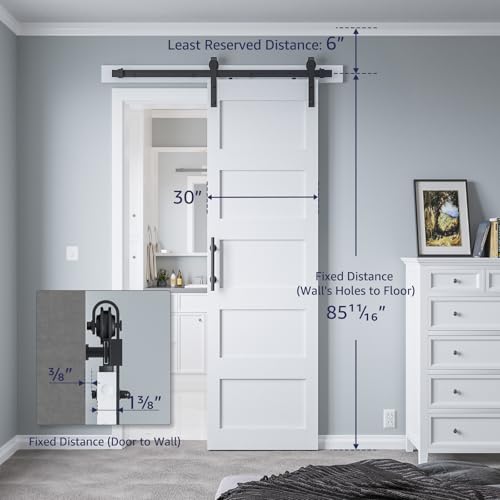 30in x 84in Sliding Barn Door with 5ft Barn Door Hardware Kit & Handle, Pre-Drilled Holes Easy Assembly -Solid Barn Door Slab Covered with Water-Proof PVC Surface, White, 5 Panel