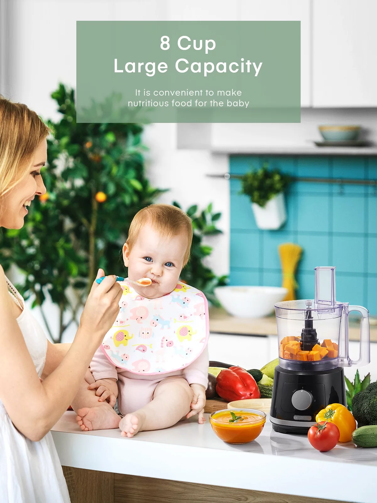 8-Cup Food Processor & Vegetable Chopper with 6 Functions to Chop, Puree, Shred, Slice and Whisk– Food Chopper for Vegetables, Meat, Grains, Nuts and Whisk for Eggs and Cream