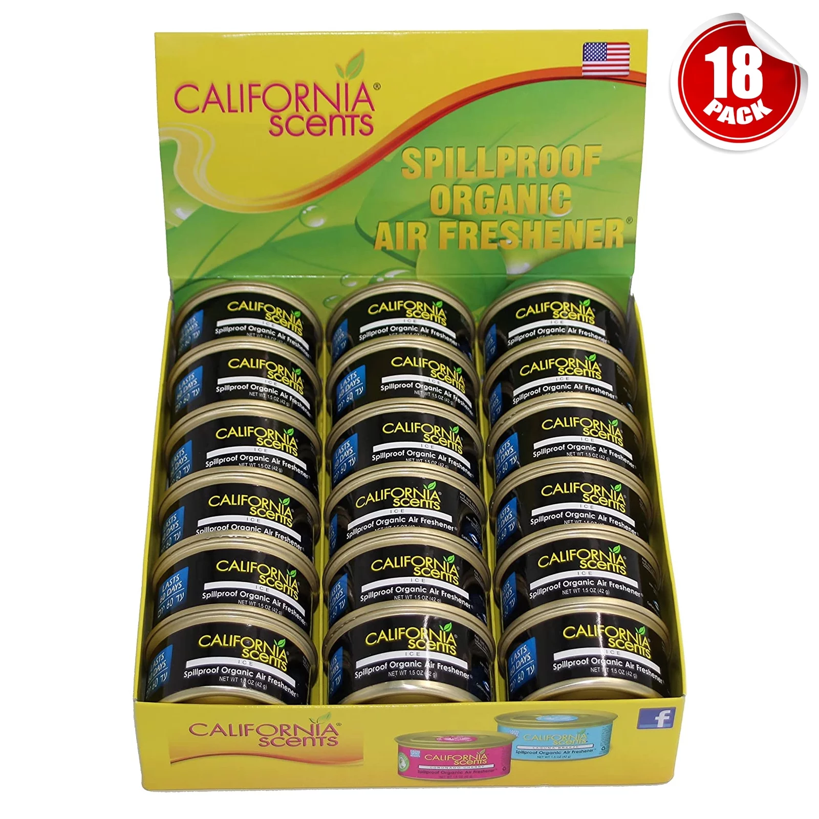 California Scents ICE Car Air Freshener Organic Fragrance for Home Office Taxi (18-Pack)