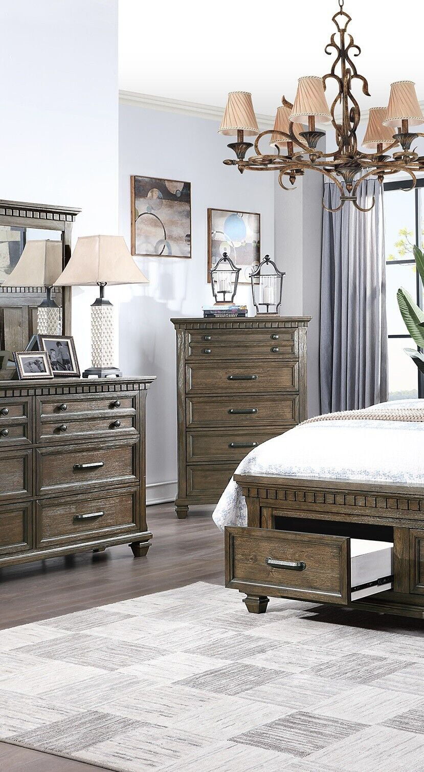 6pc Bedroom Furniture Set Antique American Traditional California King Size Bed Dresser Mirror Nightstands Chest Wooden Storage