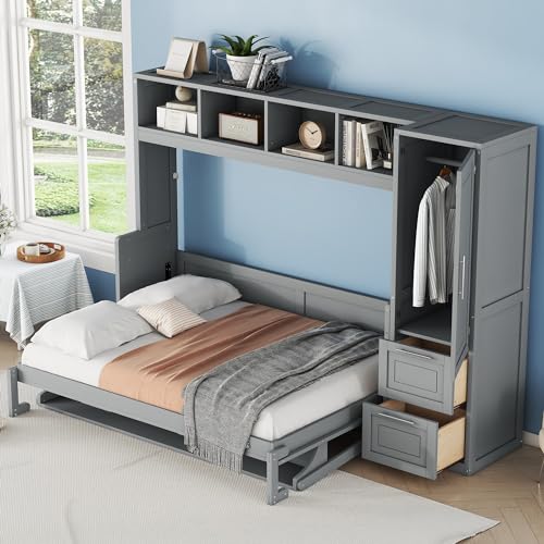 SOFTSEA Full Size Murphy Bed with Closet and Drawers, Wall Bed with Storage Shelves and Cabinet, Wood Bed Frame with Support Slats, Folding Bed for Guest Room Small Room, Space Saving, Gray, Grey