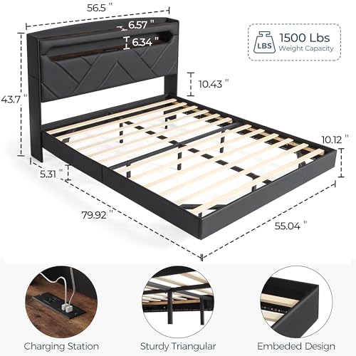 LINSY Floating Bed Frame Full Bedframe with Headboard, Black Full Size Bed Frames with Storage, Modern Upholstered Platform Bed with LED Lights & Charging Station, No Box Spring Needed, PU Leather