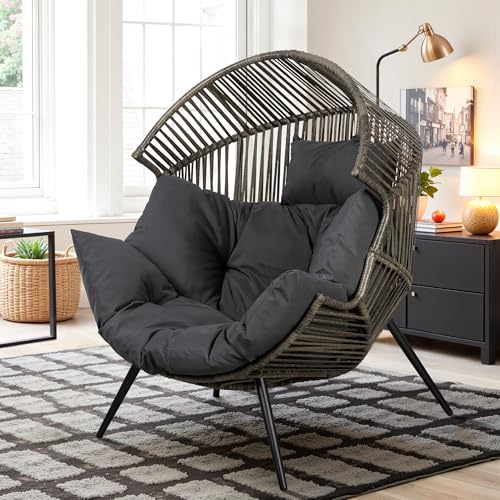 Vongrasig Wicker Egg Chair PE Rattan Chair with Cushion, Oversized Patio Lounge Chair for Outdoor, Indoor, Balcony, Backyard, Garden, Living Room, Beige