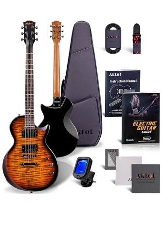 AKLOT Muti-Tone Electric Guitar with Coil-Split: Roasted Maple Neck, Flame Maple Graphic Top, Dual Humbuckers Pickups, Beginner Guitar Kit with Gig Bag, Lesson Book, Strap, Picks, Violet Venom