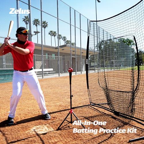 ZELUS 7x7ft Baseball Net, Baseball Softball Practice Net with Tee, Baseballs and Carry Bag for Batting Hitting and Pitching