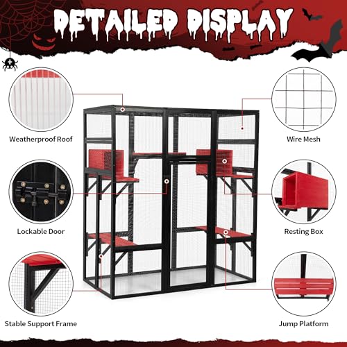 71Inches Large Wood Catio Outdoor Cat Enclosure with Perches and Condos, Cat House Indoor with Waterproof Roof, Cat Shelter 5 Platforms & 2 Resting Box, UV Resistant (Grey)