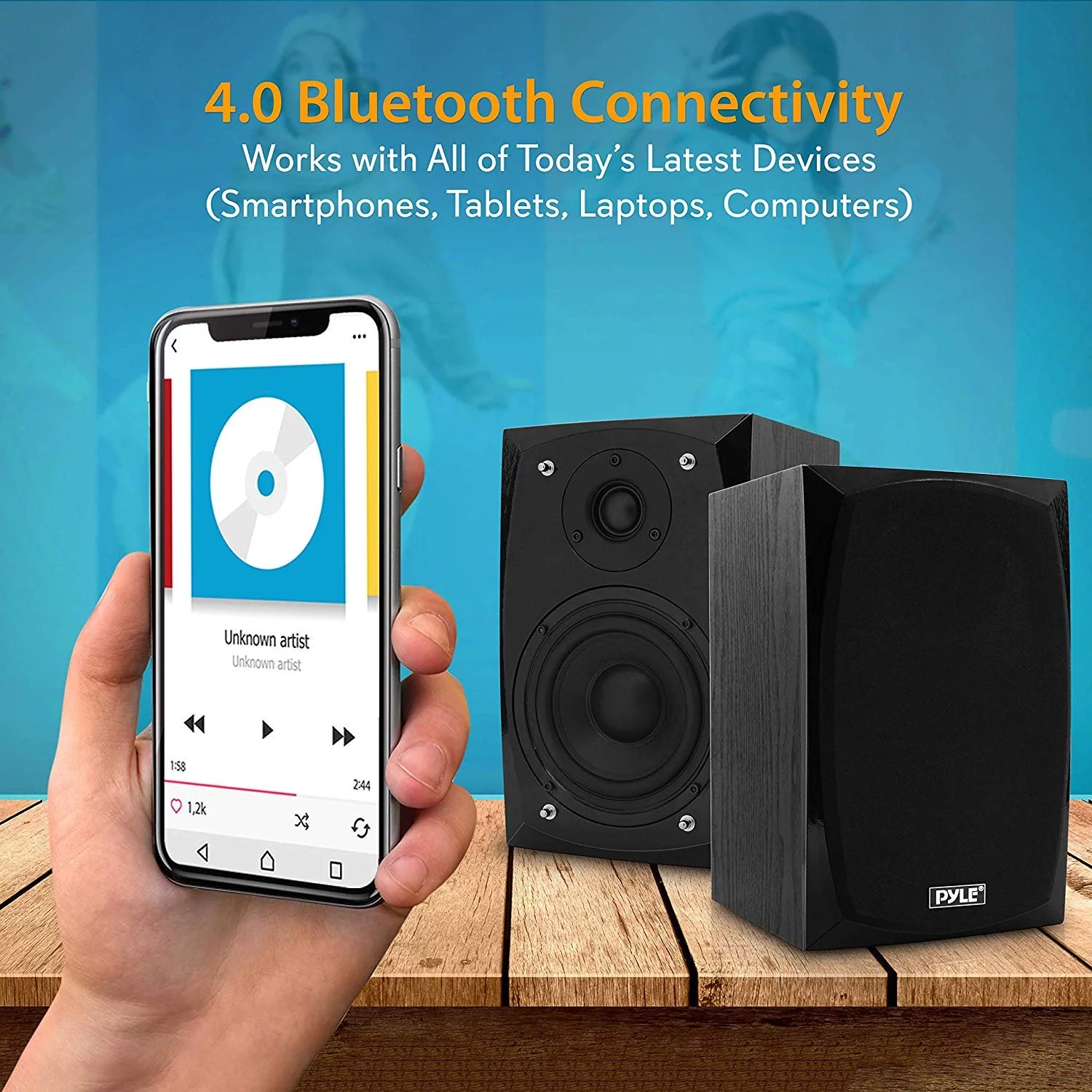 Pyle 300 Watt HiFi Bluetooth Desktop Bookshelf Pair Stereo Speakers, Black