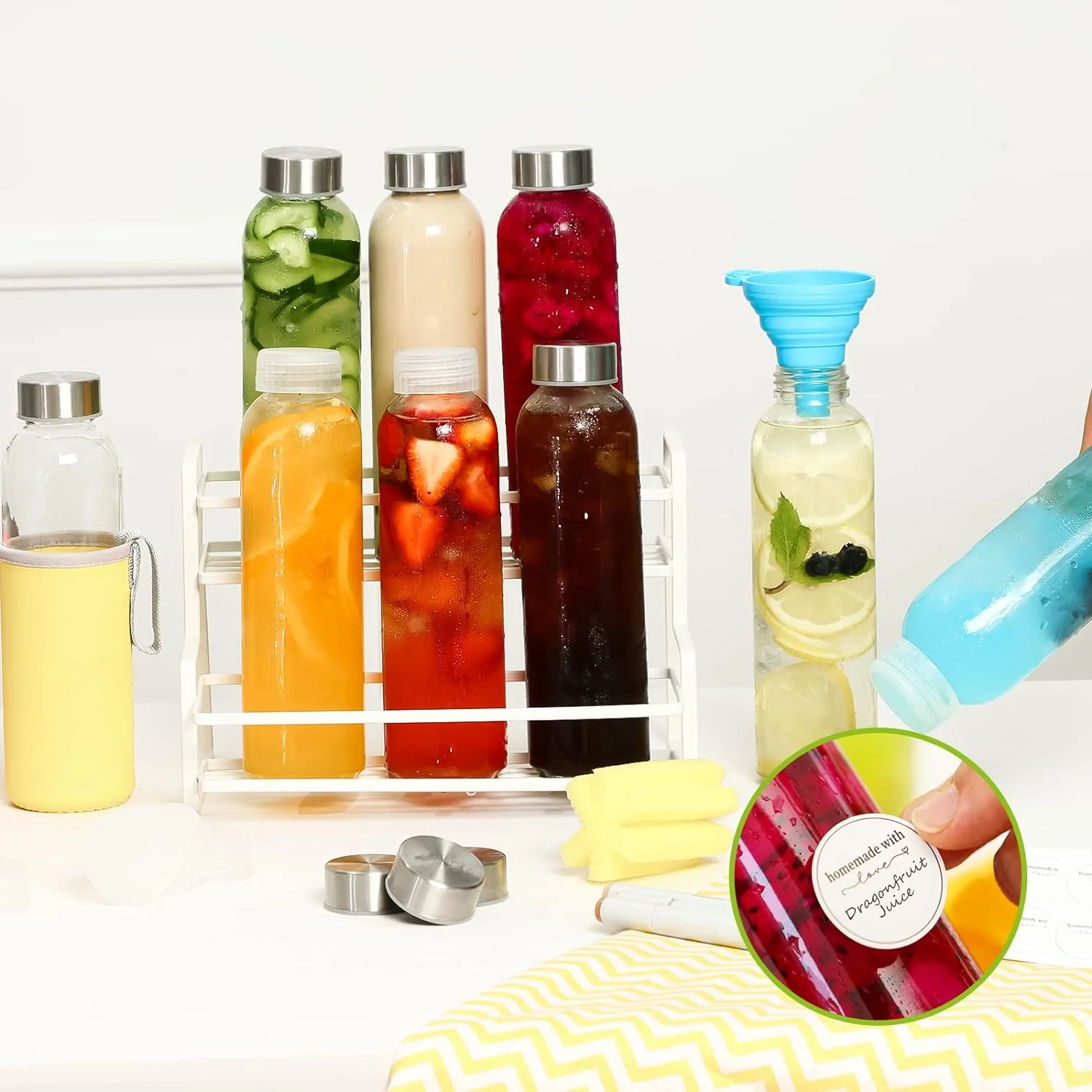 Fairy 12Pcs Glass Water Bottles with Sleeves and Stainless Steel Lids, Reusable Glass Juice Bottles Bulk, 18oz, Clear