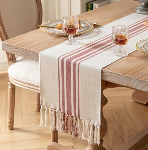 Christmas Table Runner 13 x 72 Inch for Dining Table, Boho décor Coffee Table Runner with Handcrafted Tassels, red and Beige Stripe Table Runner for Holiday, Winter