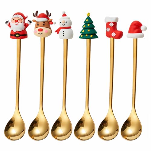 Healifty 6Pcs Christmas Coffee Dessert Spoons: Xmas Doll Stainless Steel Tea Spoons Ice Cream Small Silverware Shovel Set for Home Kitchen Gold 5.70 X 0.98 X 0.79 Inches
