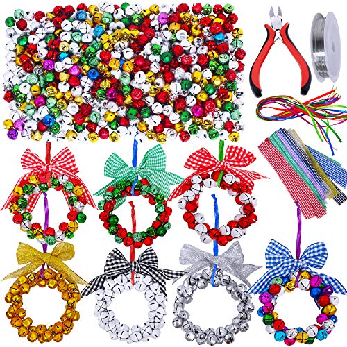 14 Sets Wreath Tree Ornaments Craft Kit with Ribbons, Bows and Bells Assortment for Kids Holiday Winter Bracelets and Necklaces