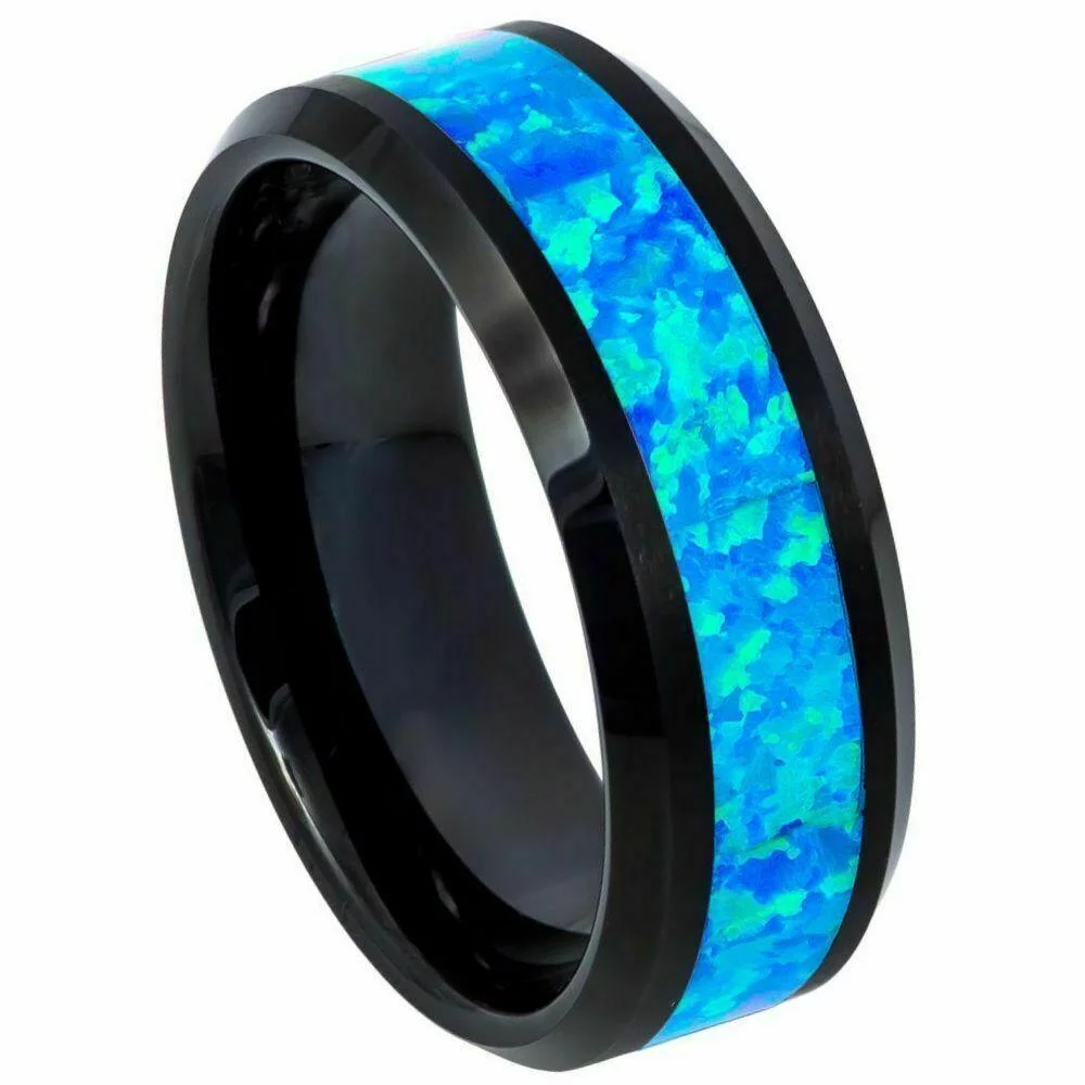 Tungsten Rings for Men Wedding Bands for Him Womens Wedding Bands for Her 6mm Hawaiian Ocean Opal Blue Inlay