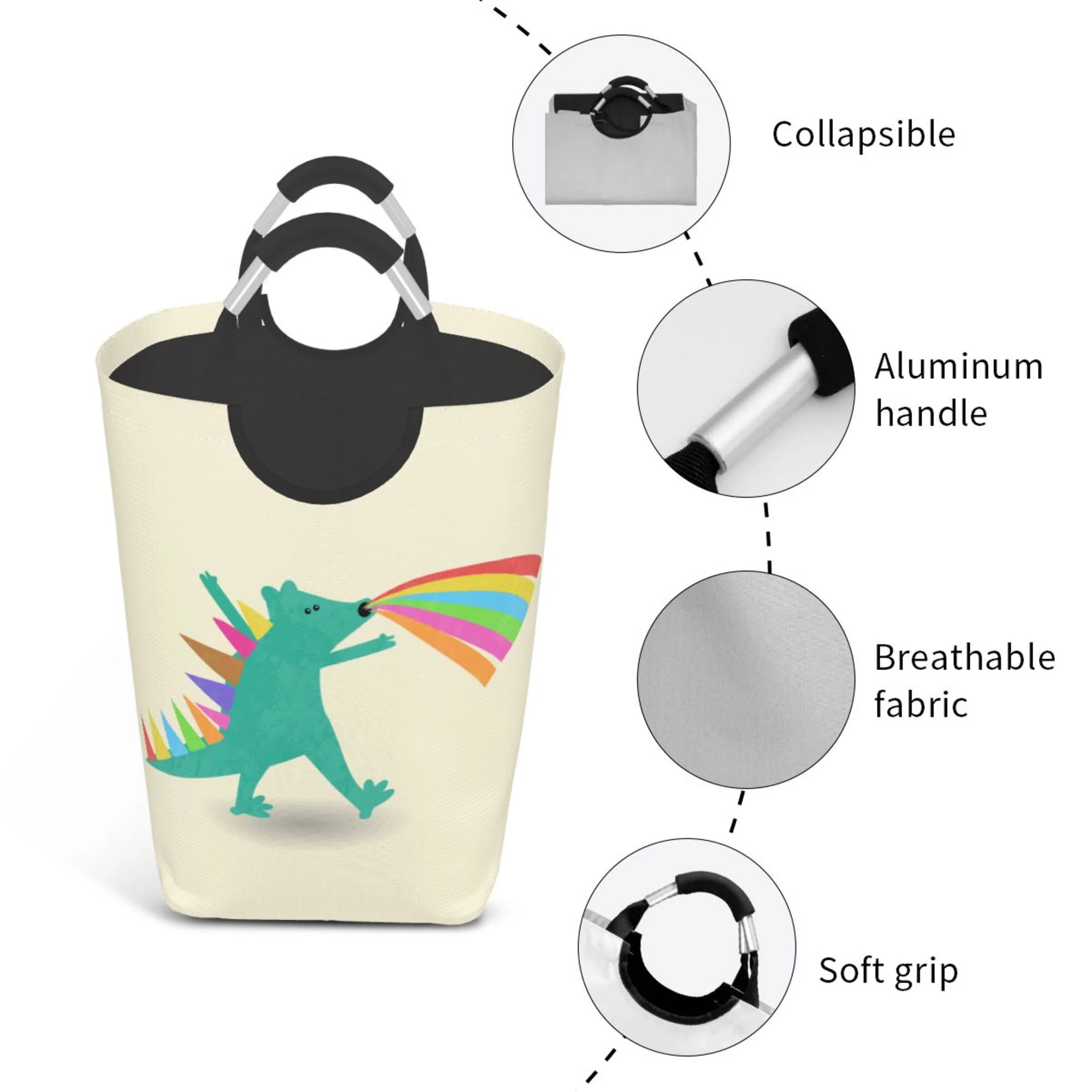 TEQUAN 50L Large Rectangular Laundry Hamper with Aluminum Handles, Funny Beast Dinosaur Prints Waterproof Foldable Dirty Clothes Basket