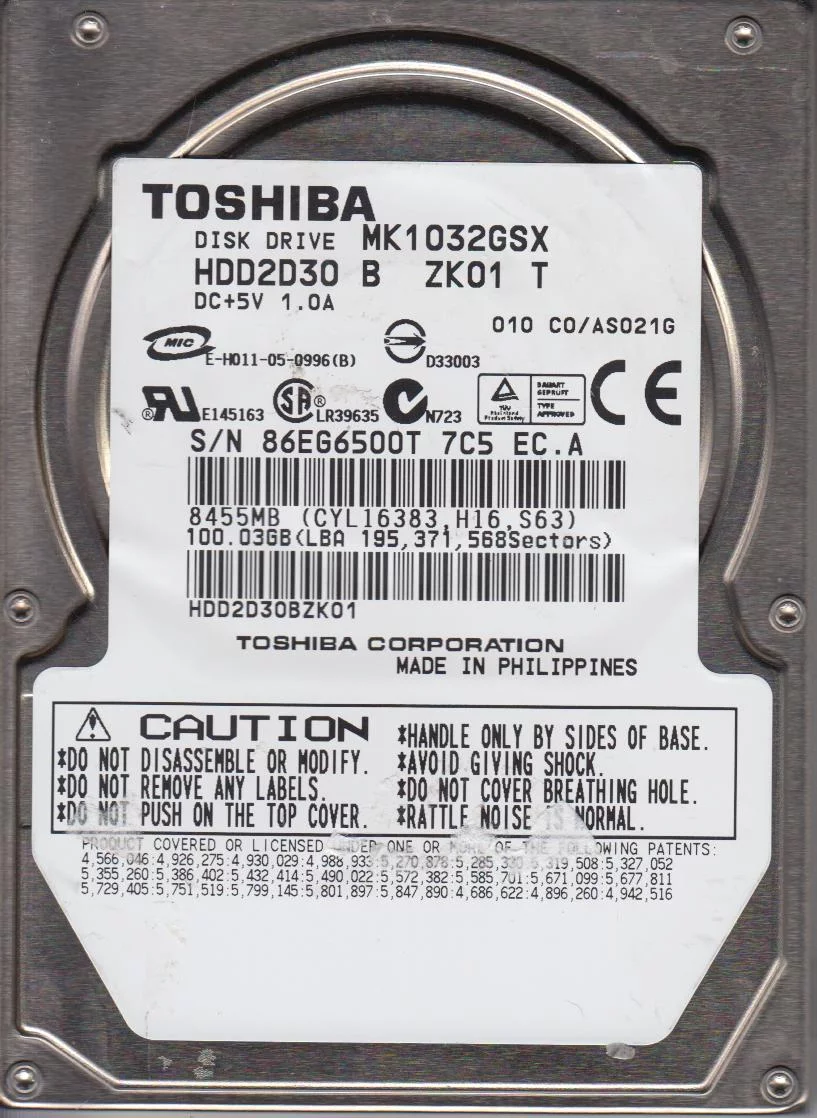 MK1032GSX, C0/AS021G, HDD2D30 B ZK01 T, Toshiba 100GB SATA 2.5 Hard Drive