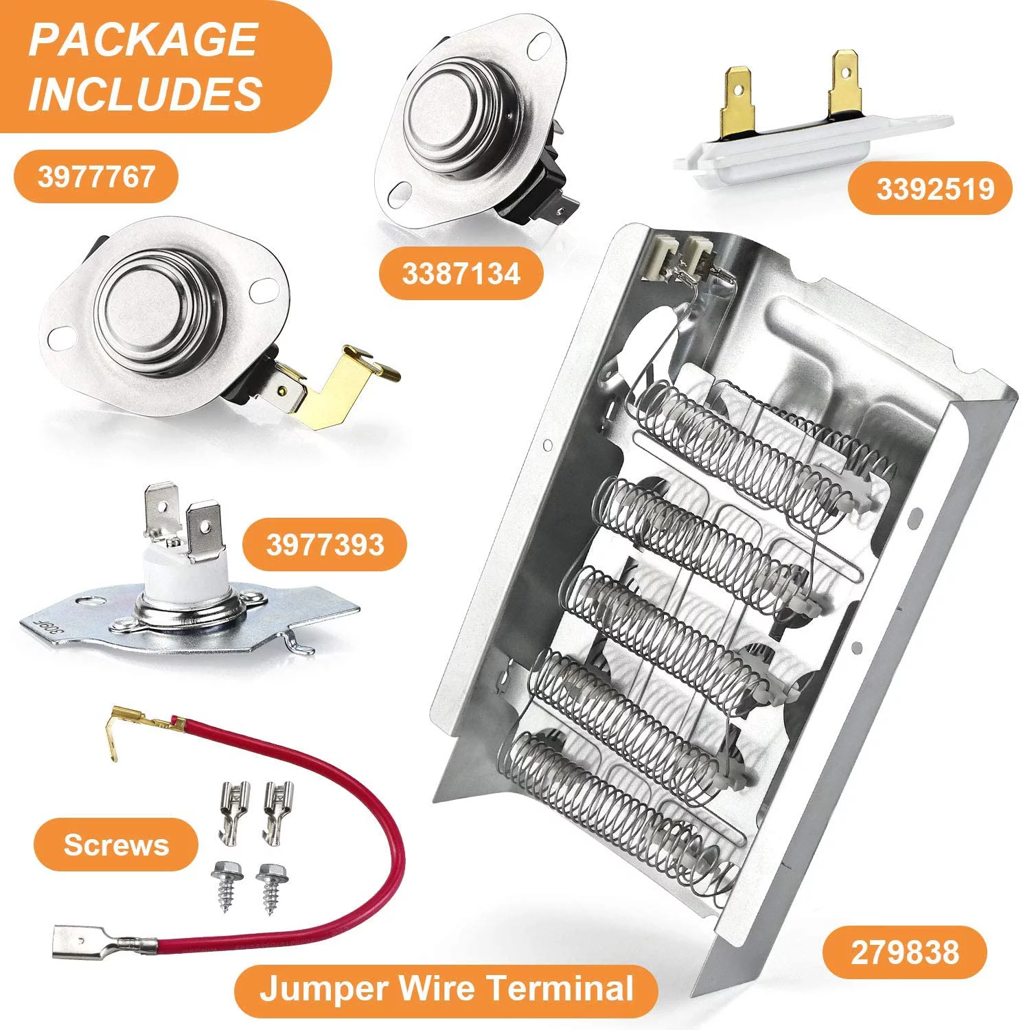 Beaquicy 279838 Dryer Heating Element Kit 3977393 3392519 & 3977767 3387134 Thermostat for Whirlpool Dryer