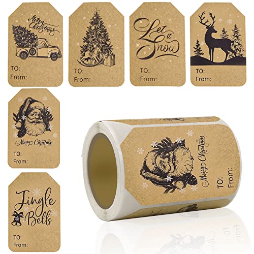 Kraft Christmas Gift Label Stickers 2 x 3 Inch Self-Adhesive Name Christmas Gift Tag Stickers 120 Pieces a Roll