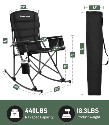 Folding Rocking Chair Supports 440 LBS, Outdoor Folding Chair, Rocking Camping Chairs with Cup Holder & Side Pocket, Padded Outdoor Chairs for Patio Lawn Garden Yard (Black)