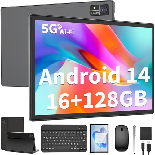 Android Tablet with Keyboard, 10 inch Android 14 Tablets, 16GB RAM 128GB ROM,1TB Expand, 5G WiFi, Bluetooth, 8000mAh Battery, GMS Certified, 2 in 1 Tablet with Keyboard, Mouse, Case, Stylus(Black)