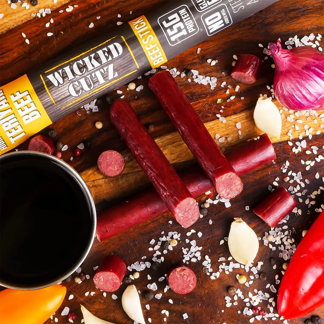 Wicked Cutz Premium Beef Jerky Sticks, High Quality, Protein-Rich, Teriyaki, 1.5 oz, 12-Pack
