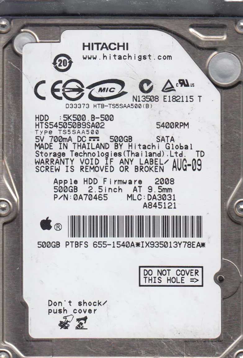 HTS545050B9SA02, PN 0A70465, MLC DA3031, Hitachi 500GB SATA 2.5 Hard Drive