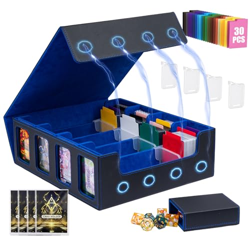 3200+ Trading Card Storage Box, MTG Commander Deck Box with Window Dice Tray, 4 Card Sleeves & 4 Supporters & 30 Dividers, Black Grey