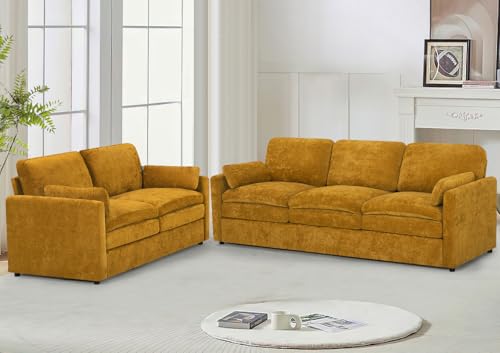 2 Pieces Chenille Couch Set with 2 Well-Filled Pillows, Modern 3 Seats and 2 Seats Sofa with Soft Backrests, Classic Upholstered Sectional Couch with Thickened Cushions for Living Room, Black