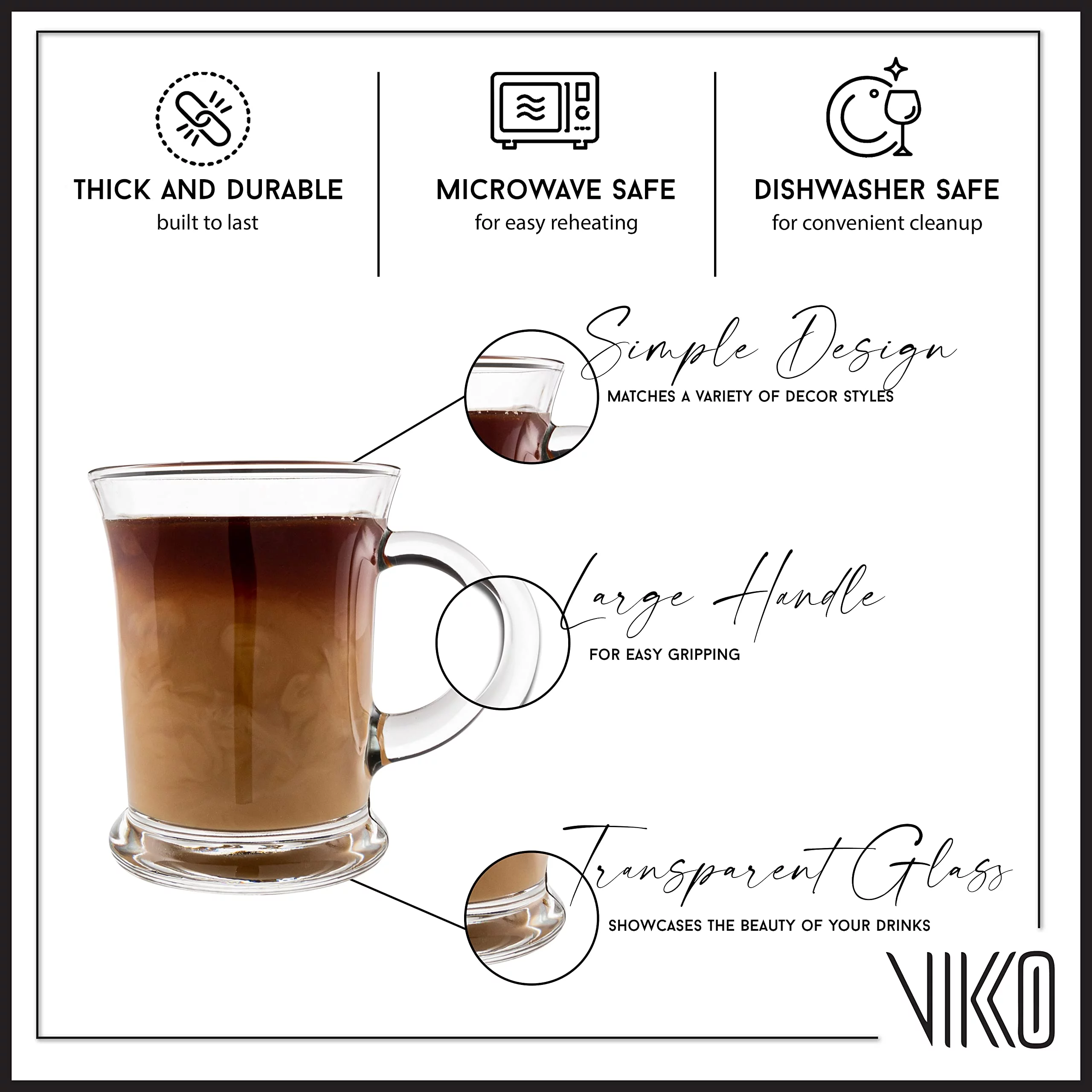 Vikko 13 Ounce Clear Glass Coffee Mugs | Aroma Collection Thick and Durable Wide, Heavy Base Dishwasher Safe Set of Six Large Glass Coffee Cups