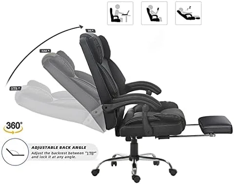 KHBIULIFE Reclining Office Chair with Footrest-Executive Computer Desk Chairs with Adjustable High Back Recliner Chair  Thick Padded Strong Metal Base Quiet Wheels  PU Leather  Black