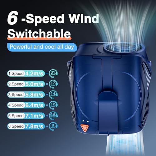 Portable Fan Rechargeable, 6-Speed 14000RPM High-Velocity Airflow, Hands-Free Wearable Waist Fan 31H Battery Life, Personal Belt fan for Outdoor, Jobsite, Travel, Indoor, Hanging Neck Fan with Strap