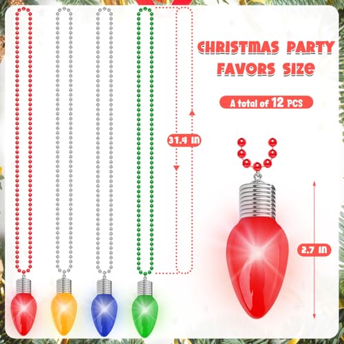 12PCS Christmas Necklace Light Up, 3 Modes Bead Chain Christmas Accessories, 4 Colors Bulk Bead Necklace, Xmas Party Favors for Ugly Sweater Parties Holiday Celebrations, Festive Gift Supplies