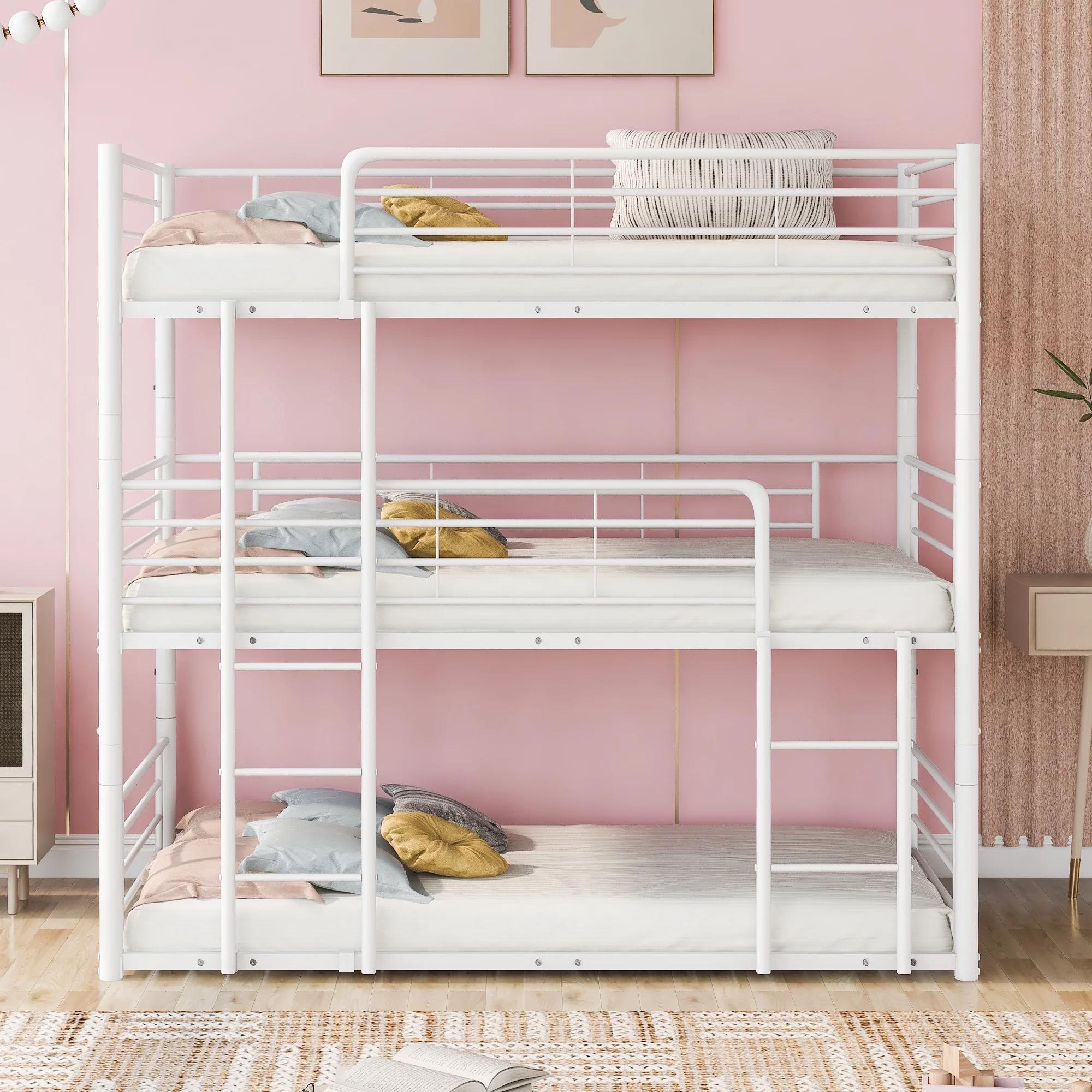 GUTALOR Twin-Twin-Twin Triple Bed with Built-in Ladder - Can Be Divided into Three Separate Beds, White Metal Bunk Bed