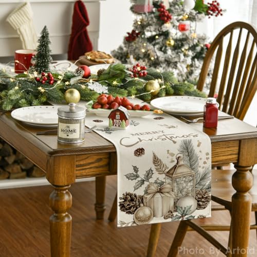 Artoid Mode Xmas Ball Gifts Pine Cone 210 GSM Christmas Table Runner, Seasonal Winter Kitchen Dining Table Decoration for Home Party Decor 13x72 Inch