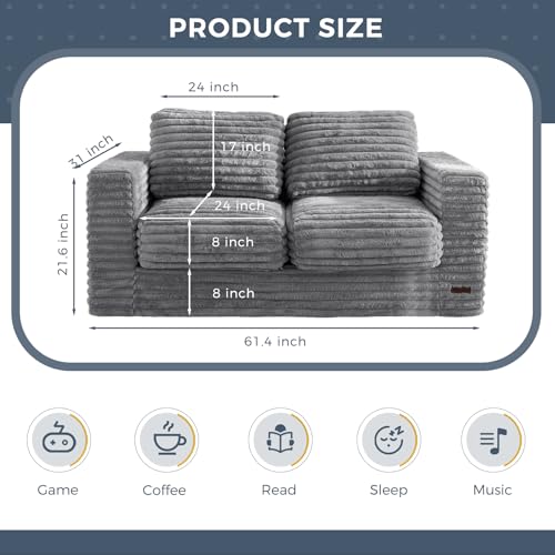 MAXYOYO Giant Bean Bag Chair for Adults, Upholstered Loveseat Floor Sofa with Pillows and Armrests, Large Bean Bag Sofa Plush Chair Bean Bag Couch for Bedroom Living Room, Grey