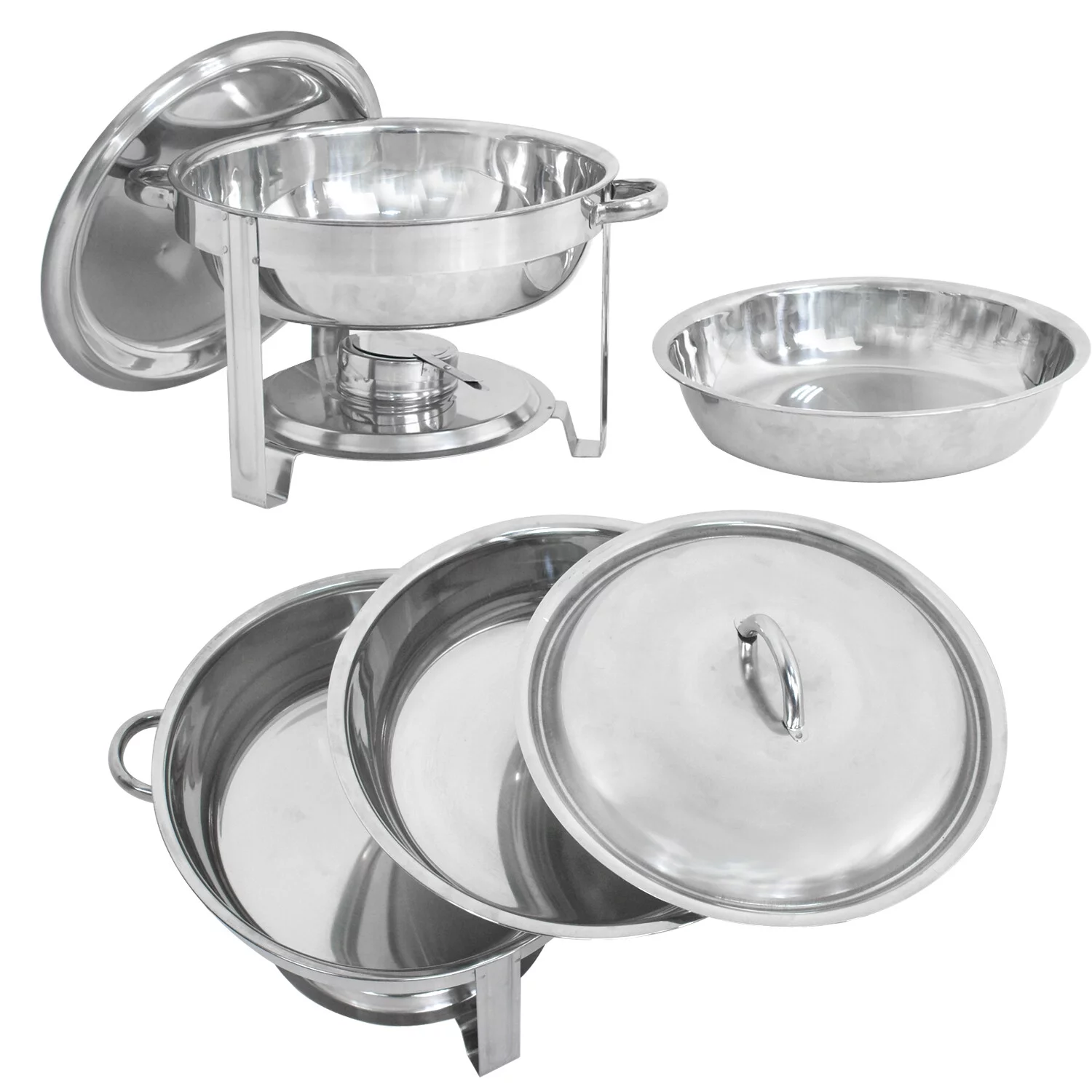 SuperDeal Glossy Round Chafing Dish 5Qt. Buffet Stove Hotel Catering Alcohol Furnace, 4 Pack