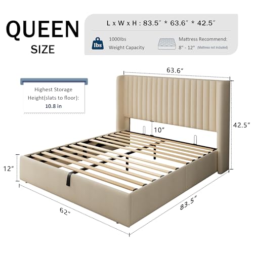 Full Size Lift Up Storage Bed, Upholstered Platform Bed Frame with Wingback Headboard, Hydraulic System, Solid Wooden Slats Support, Noise-Free, No Box Spring Needed, Easy Assembly, White