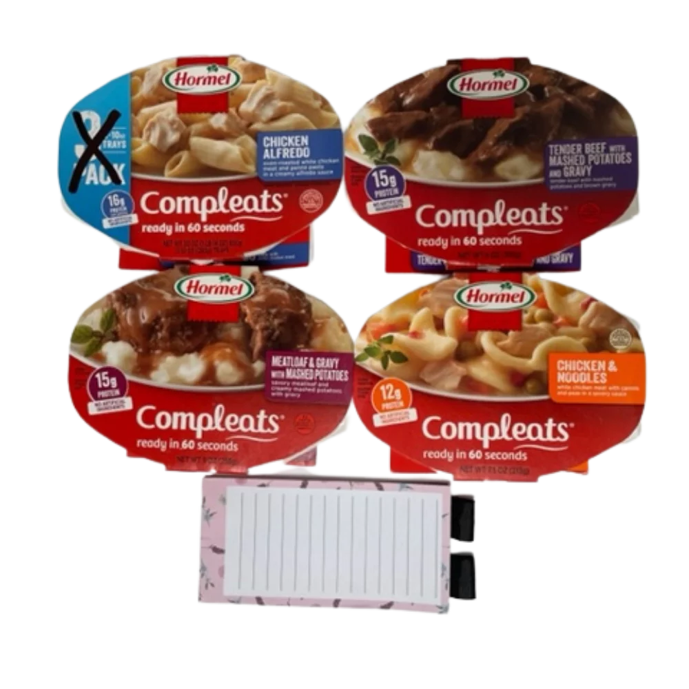 Hormel Compleats Variety 4 pack, 1 Chicken Alfredo, 1-Tender Beef, 1 Chicken Noodle, 1-Meatloaf with Magnetic Pad