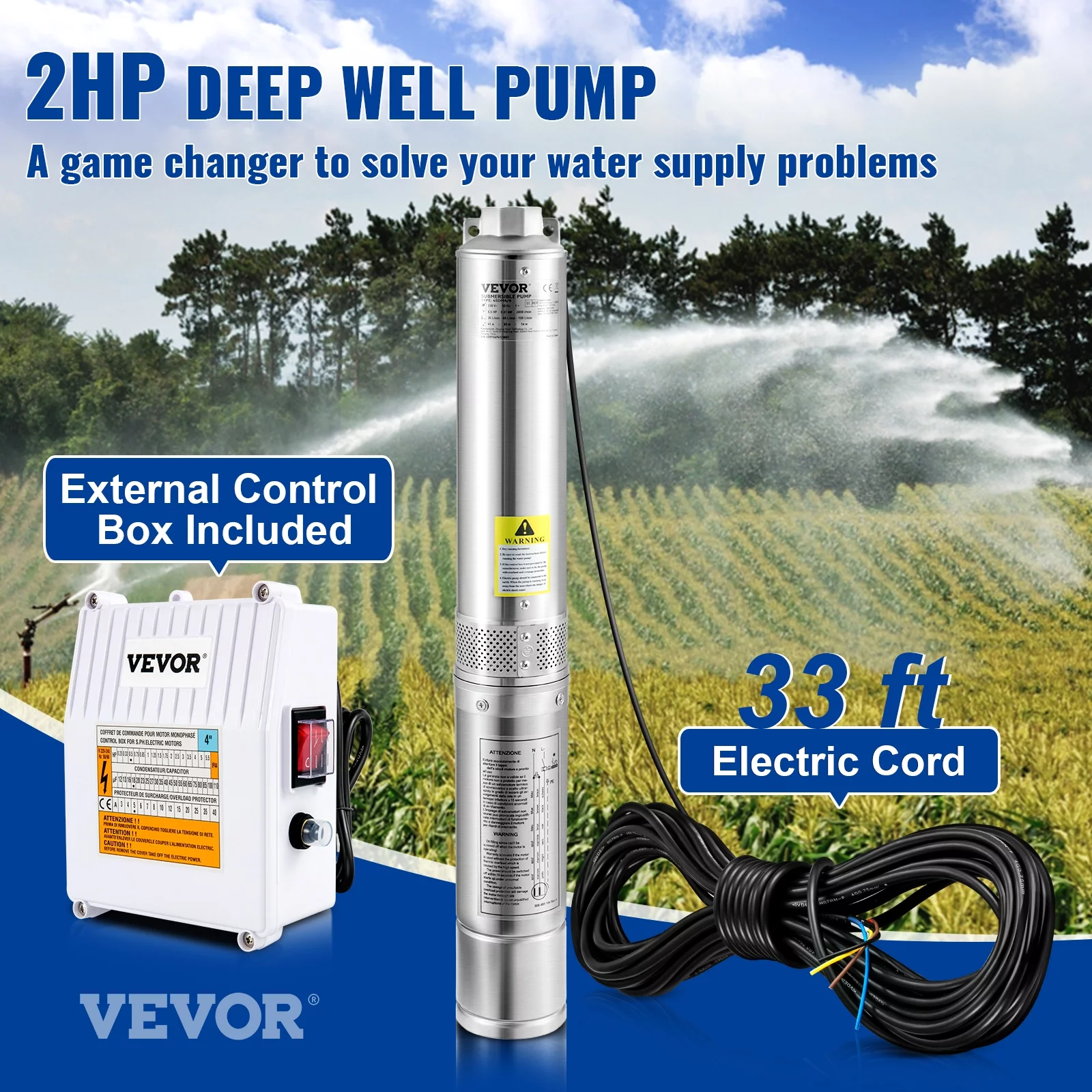 BENTISMDeep Well Submersible Pump, 2HP 230V/60Hz, 37GPM 427 ft Head, with 33 ft Cord & External Control Box, 4 inch Stainless Steel Water Pumps for Industrial, Irrigation and Home Use, IP68 Waterproof