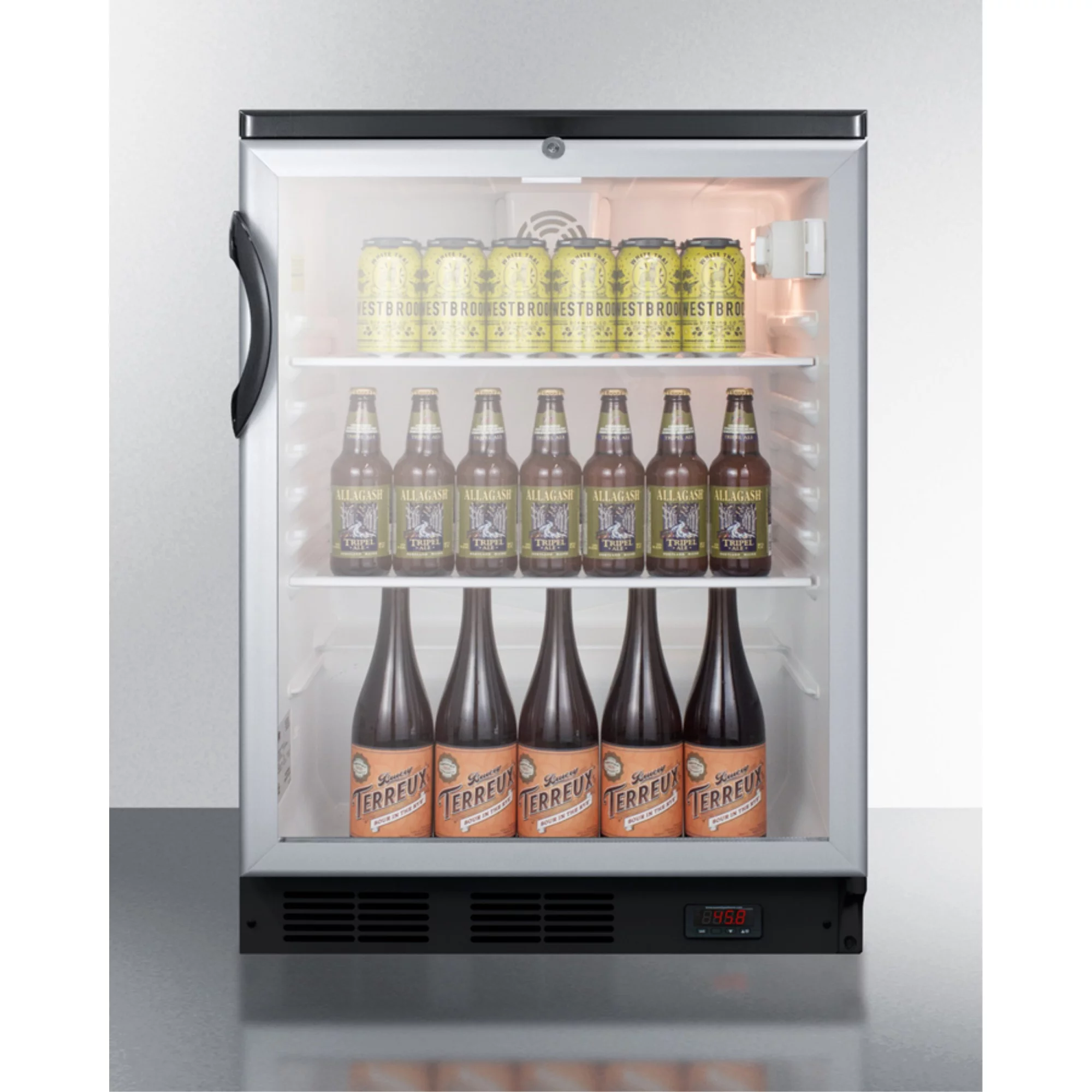 Commercial glass door craft beer and wine refrigerator for freestanding use, with digital thermostat, black cabinet, and lock