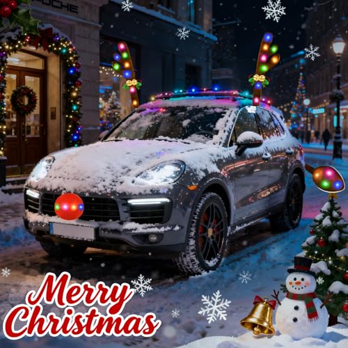 Christmas Car Decorations Reindeer Car Kit Antlers with Lights, Jingle Bells Rudolph Reindeer and Nose, Tail Cute Costume Auto Accessories for Trunk Vehicles SUV Multicolor
