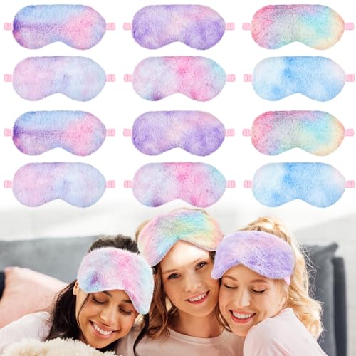 Cuffbow 12 Pcs Plush Sleeping Eye Masks Bulk Comfortable Sleep Eye Cover Mask for Kids Women Men Soft Furry Blindfold Faux Fur Shade for Travel Nap Sleepover Party Supplies(Rainbow)