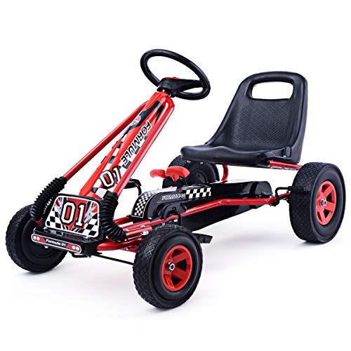 Costzon Go Kart for Kids, 4 Wheel Off-Road Pedal Go Cart w/Adjustable Seat, Steering Wheel, 2 Safety Brakes, EVA Rubber Tires, Ride-On Toys for Boys & Girls, Outdoor Racer Ride On Pedal Car (Pink)