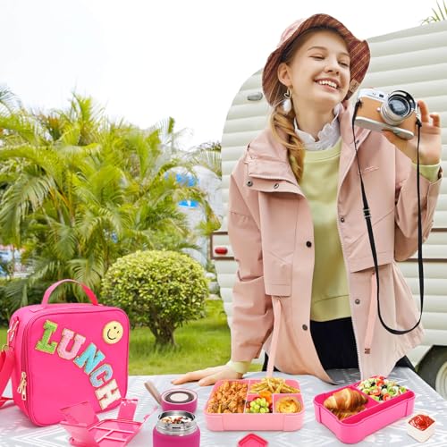 Bento Lunch Box Set for Kids with 10oz Thermo Food Jar, Leak-Proof Lunch Containers with 6 Compartment, Nylon Preppy Lunch Bag with Adjustable Strap for Girls School Travel Picnic